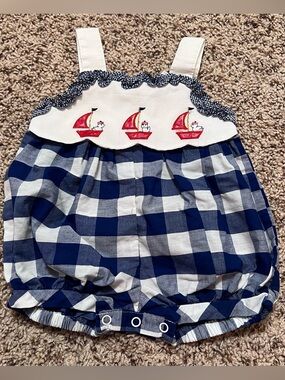 Vintage Baby Togs Girls Navy Gingham Sailboat Bubble Romper Size 10 months